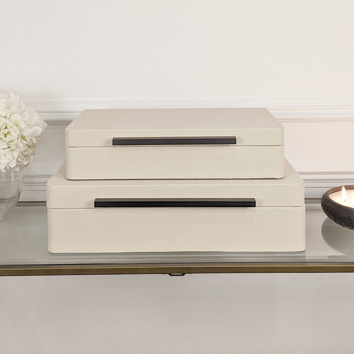 Eliza Luxury Cream Decorative Trinket Boxes with Black Handles - Set of 2 - Image 4