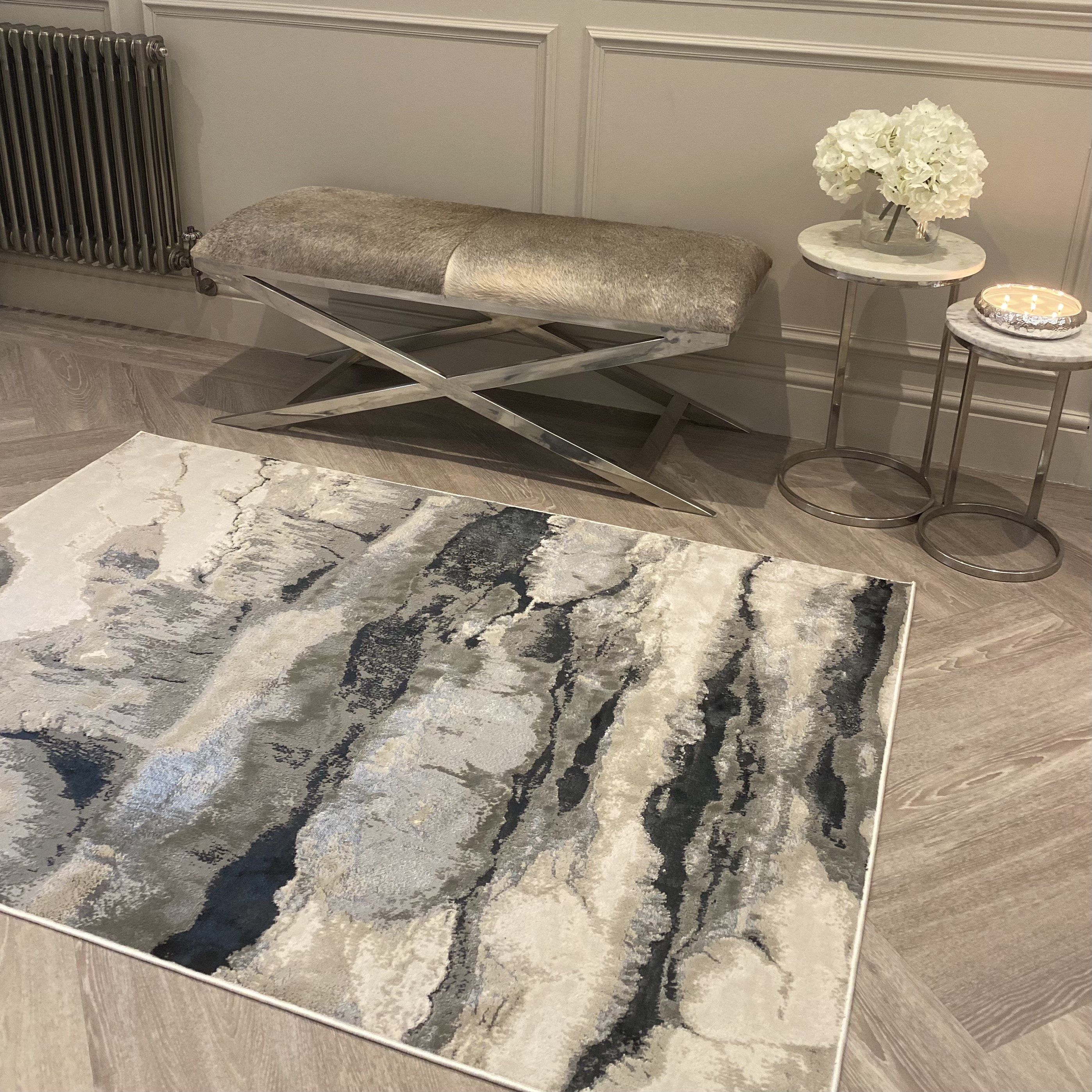 Glacial Cream & Grey Marble Wash Velvet Rug - Image 3