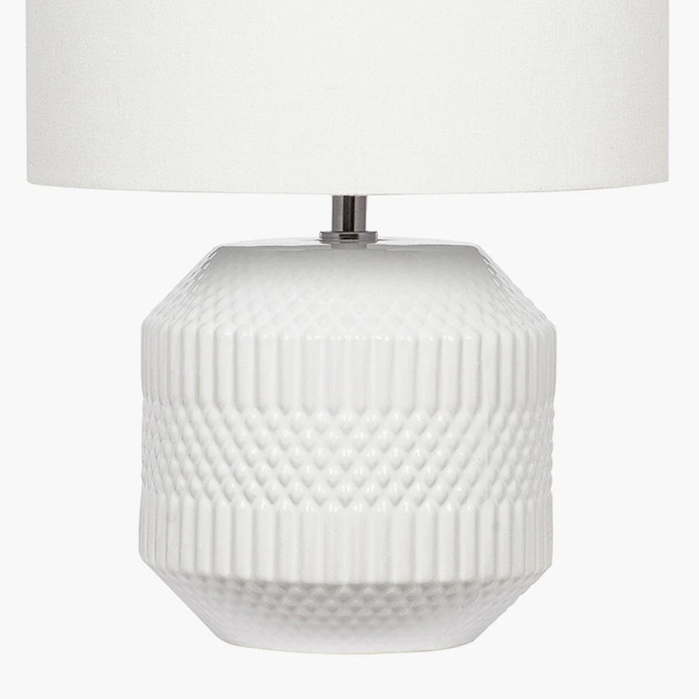 In Stock - Candar White Geometric Textured Ceramic Table Lamp - Image 3