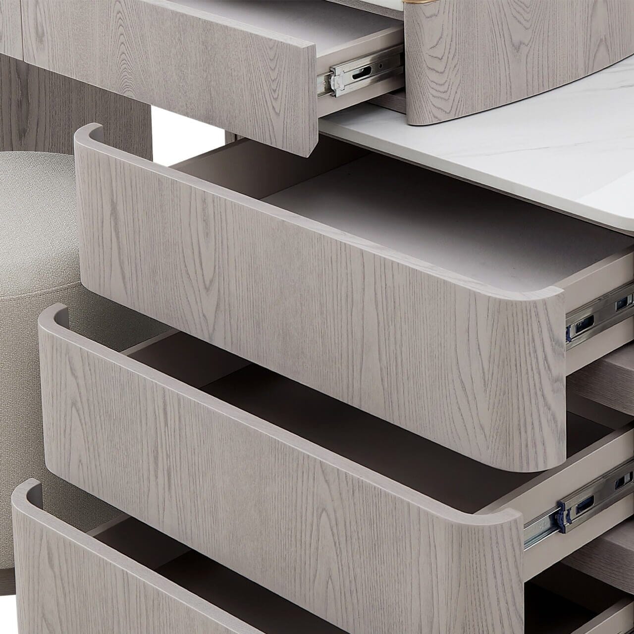 Zendaya 2 Drawer Washed Oak Dressing Table & 3 Drawer Chest with Stone Top - Image 4